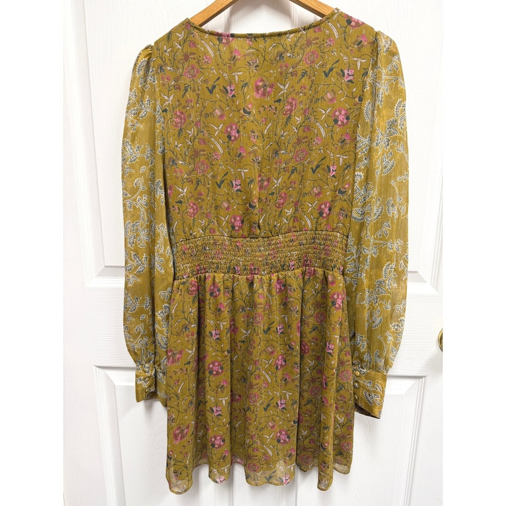 House of Harlow 1960 Mustard Yellow Floral Metallic Lurex Mini Dress Womens M - Picture 2 of 16